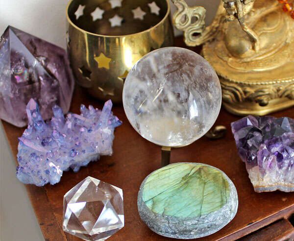 A table with various types of rocks and minerals.