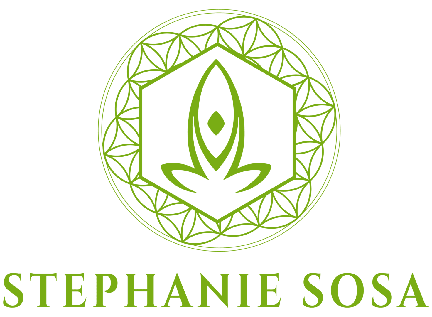 A green logo of an ethnic symbol with the name stephanie soso.